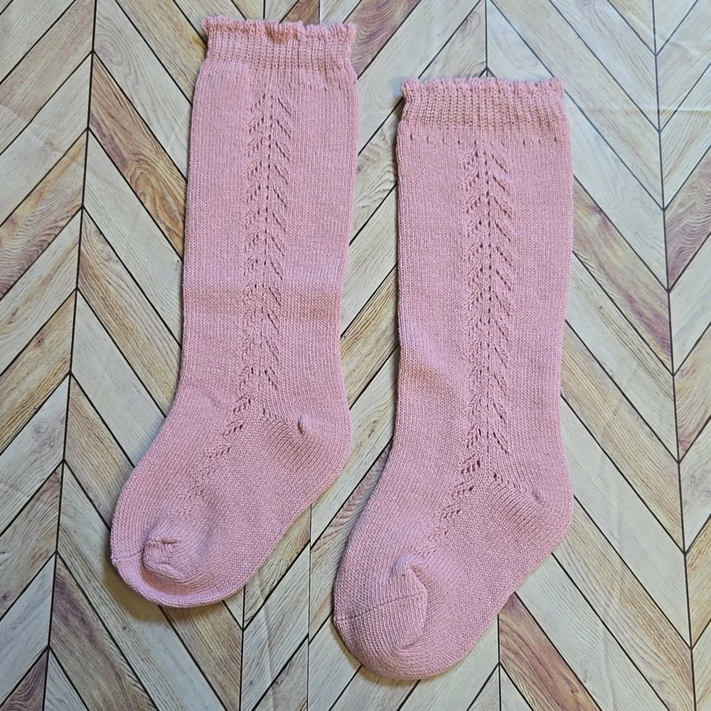 Baby Girl Blush Pink Knit Knee High Socks Vintage Style Holiday Dress Accessory